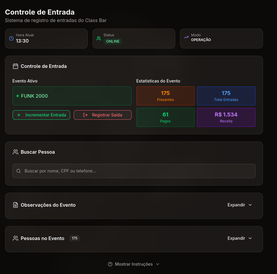 Tela de controle de entrada do sistema Class Bar