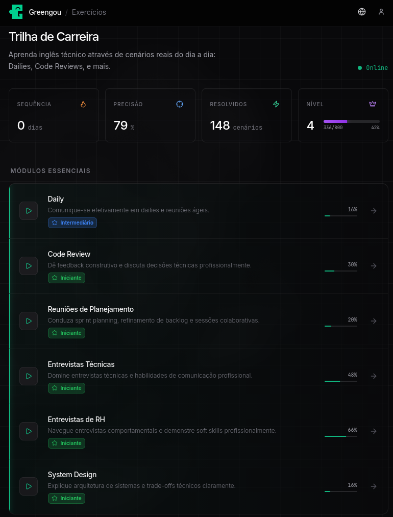 Tela de seleção de categorias do Greengou — daily standup, code review, entrevistas