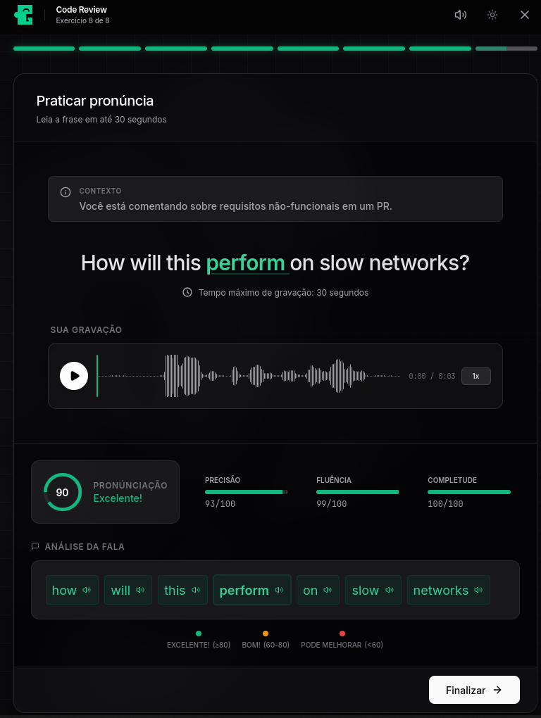 Análise de pronúncia em tempo real no Greengou com feedback fonético