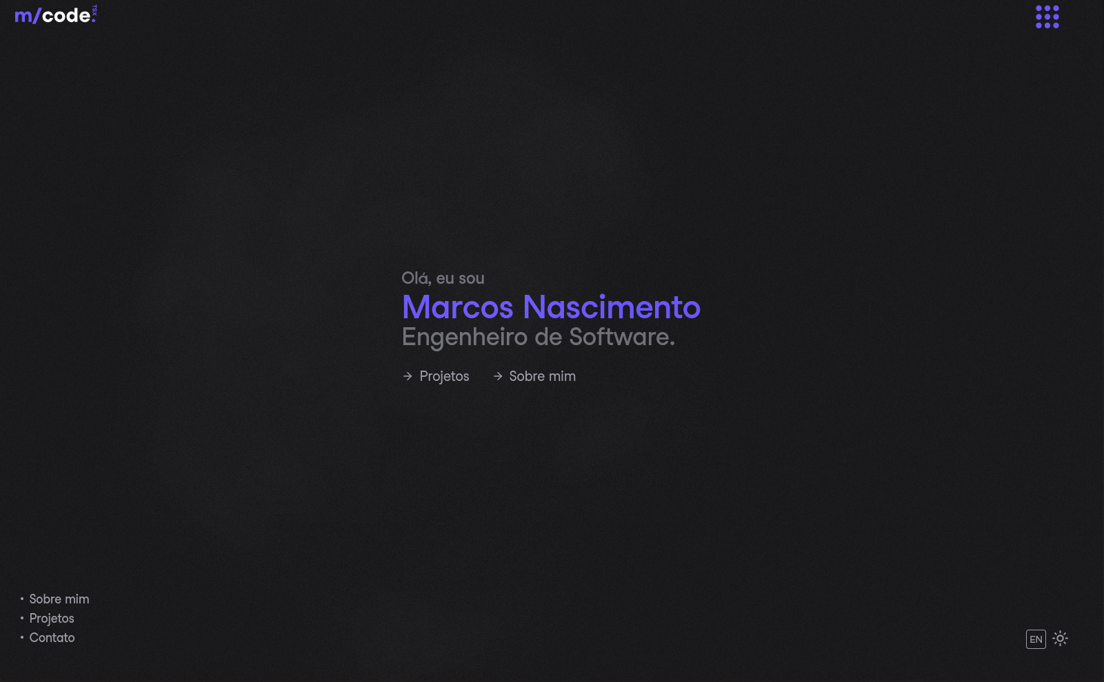 Hero section do marcosnascimento.dev — tela escura com nome e título de engenheiro de software