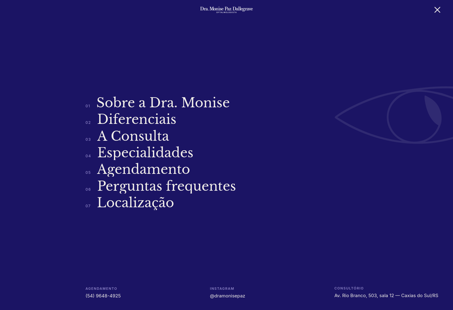 Menu overlay em tela cheia do site da Dra. Monise Paz Dallegrave, com agendamento, Instagram e endereço do consultório